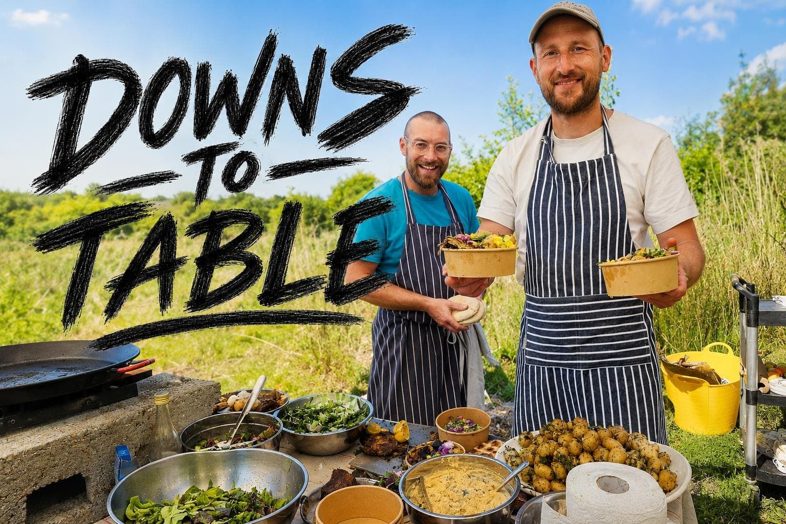Two cooks in aprons serving fresh food outdoors at Downs to Table